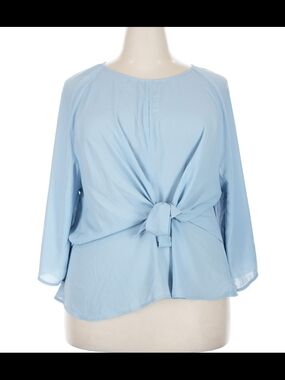 Plus Size 24W VENUS Light Blue Front-Tie Long Sleeve Blouse